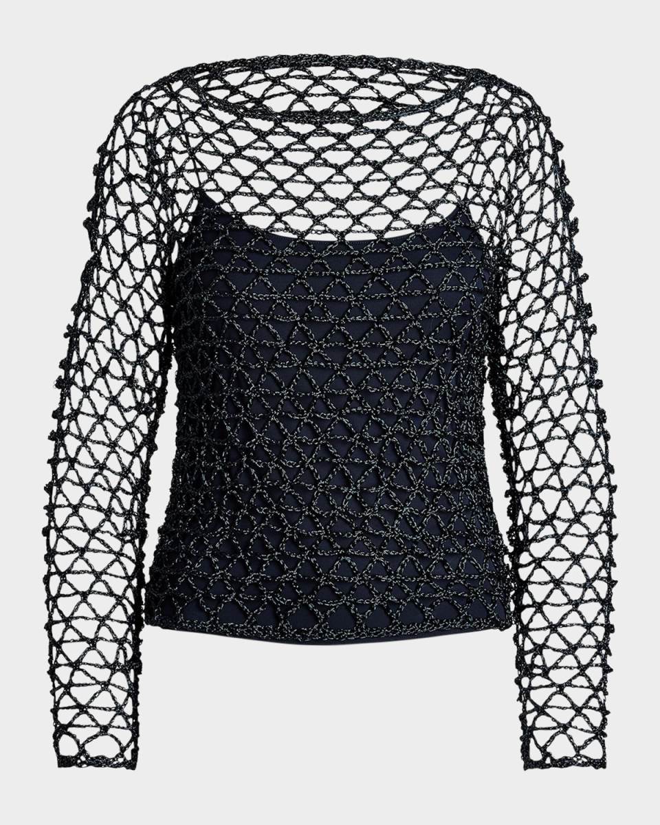 Boat-Neck Metallic Crochet Knit Sweat